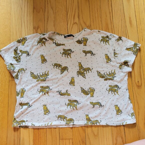 ZARA Womens Leopard Print T-Shirt Polka Dot Short Sleeve Casual Wear Made In Por - Picture 1 of 7